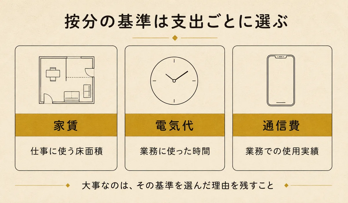 FX・為替差益の家事関連費を按分する基準の例。家賃は仕事に使う床面積、電気代は業務に使った時間、通信費は業務での使用実績で按分することを示した3列の図